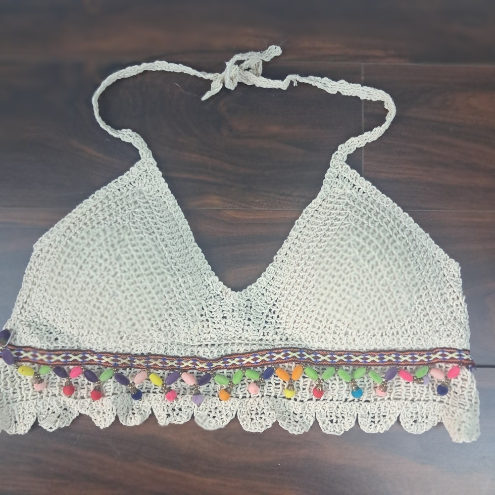 Cream Crochet Bikini Style Top Multi Soft Beadshaped Detailed Cropped Halter